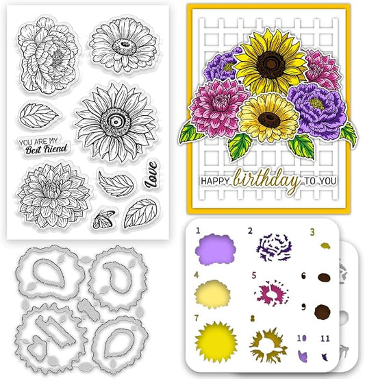 Flower Clear Stamps and Dies for Card Making Layering Coloring Stencil Set by ACRNIGHEET