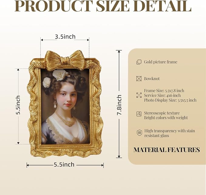 Cuspin 4x6 Gold Picture Frame Bow Frames, Vintage 4 by 6 Photo Frame - Image 5