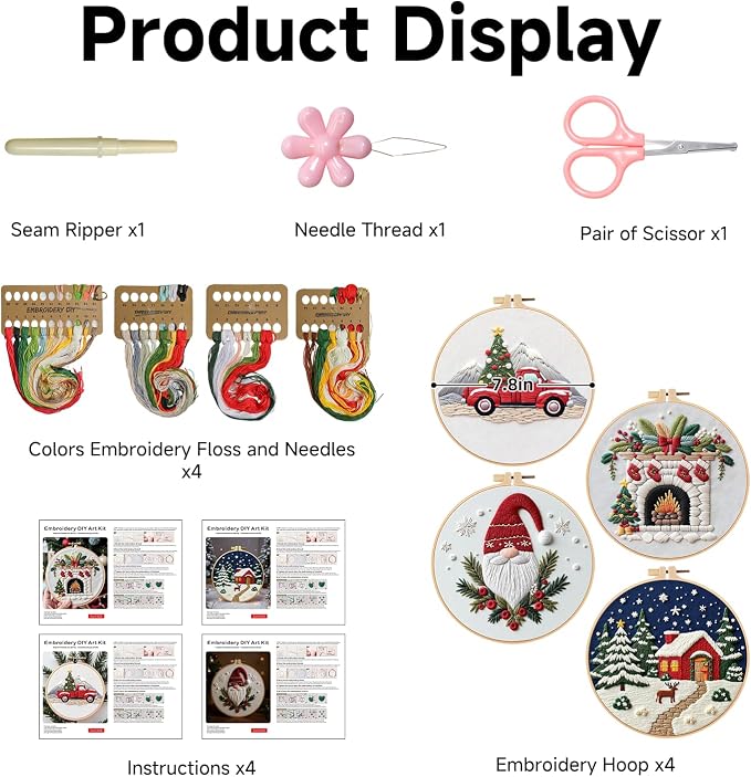 BBLYBD Christmas Embroidery Kit, 4 Set Embroidery DIY Starter Kit, Cross Stitch - Image 7