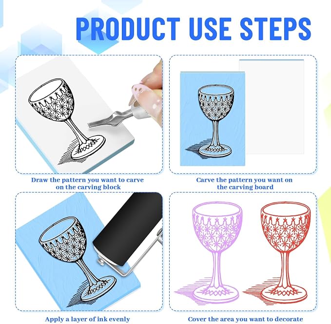 11 Pack Linoleum Block Stamp Making Kit, 3 Ink Pads, Brayer Roller & 6 Type - Image 4