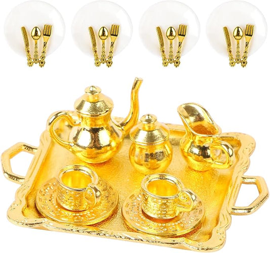 24 Pieces Mini Tea Set Golden Metal Dollhouse Miniatures Tiny Tea Set Mini Doll by HOMICO