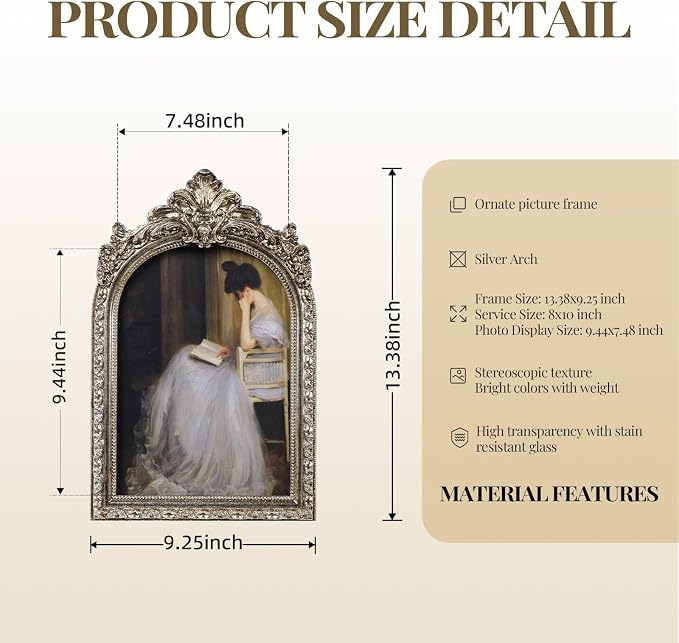 Cuspin 8x10 Sliver Picture Frame, Vintage Ornate Arched Photo Frame - Image 4