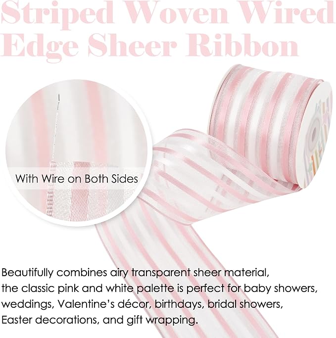 HUIHUANG Pink White Stripe Sheer Ribbon - Image 5