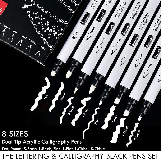 Brusarth Calligraphy Pens, 8 Size Dual Tip White Acrylic Calligraphy pen - Image 2