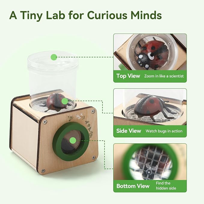 Wooden Bug Catcher for Kids, Tri-View Bug Viewer Kit, Top & Bottom Magnifiers - Image 2