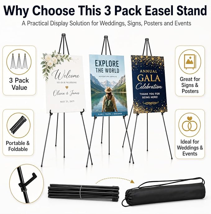 3 Pack Easel Stand for Sign, 63 Inch Portable Display Easel Stand, Poster Board - Image 8