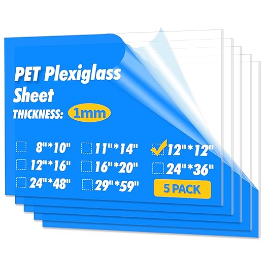 Art3d 5-Pack of 12×12" PET/Plexiglass Sheets, Transparent Clear Flexible by Art3d