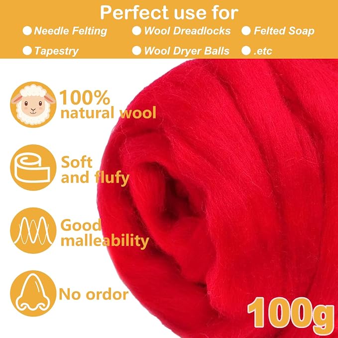 Red Wool for Needle Felting, 3.5oz Felting Wool, Soft Wool Batting for DIY - Image 2