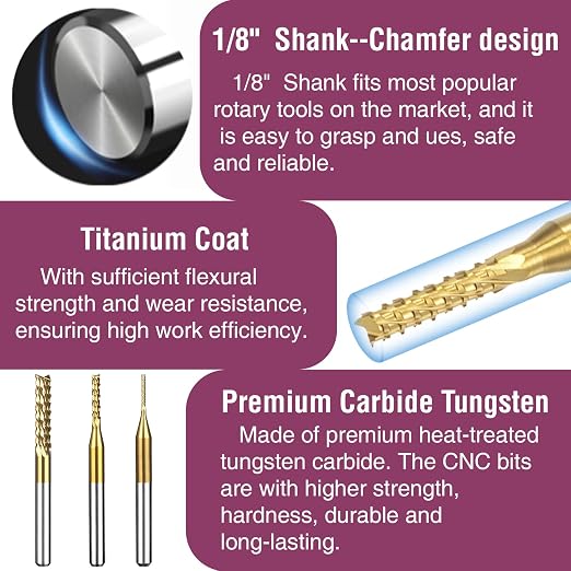 Titanium Coated Engraving Milling Cutter Carbide Bits, 1/8'' Shank, 10 Pieces - Image 3