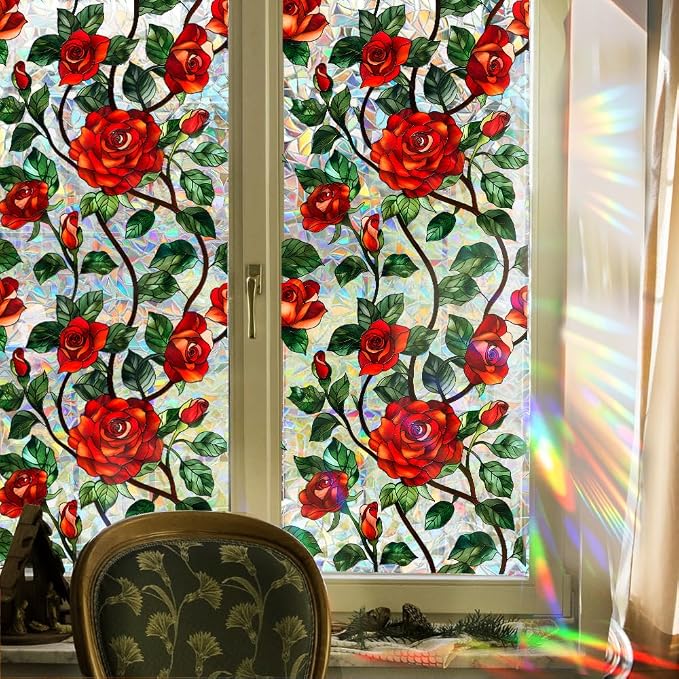 Bloss 3D Rose Stained Glass Windows Film Gothic, 17x78.7Inch Rainbow Floral - Image 7