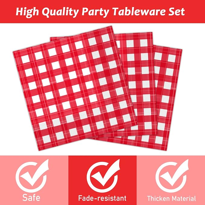 Tevxj 96 PCS Picnic Party Plates Red and White Gingham Checkered Plaid Party - Image 3