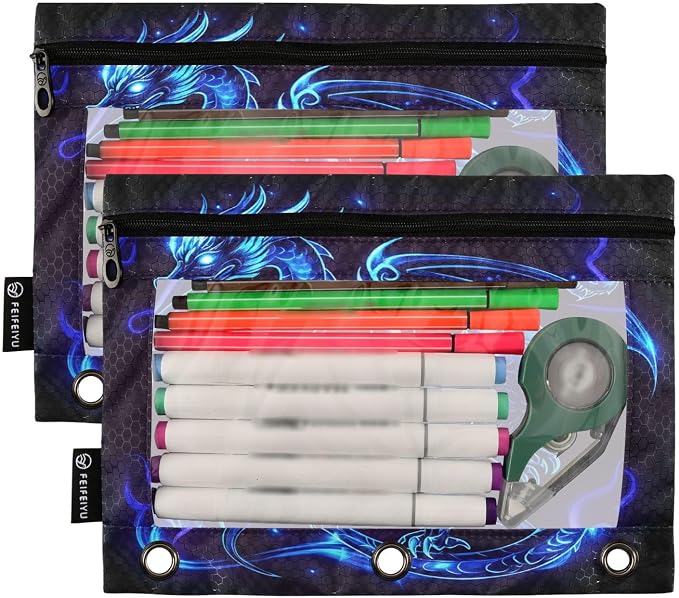 Dragon Blue Black Pencil Pouch for 3 Ring Binder, 2 Pack Waterproof Pencil Bags - Image 2