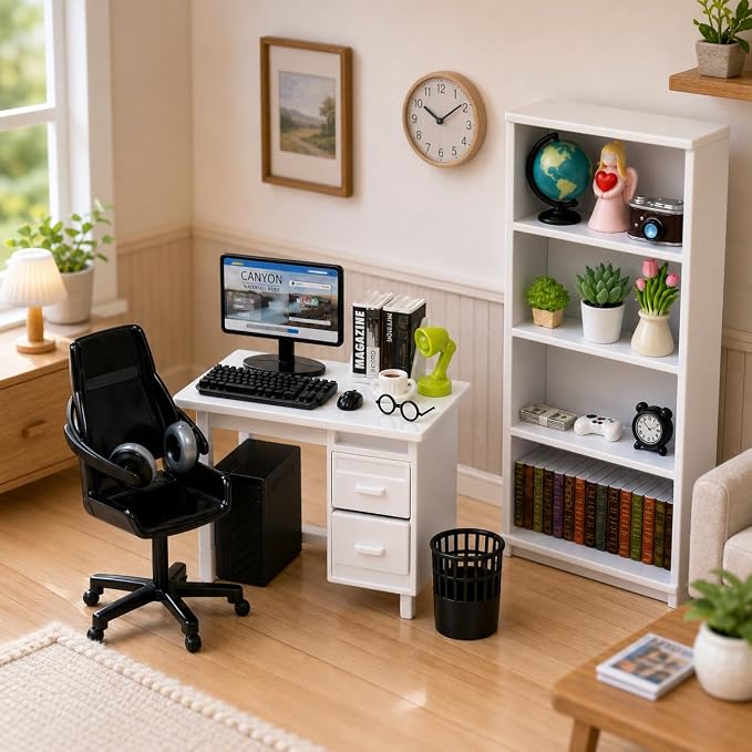 1:12 Scale Miniature Dollhouse Office Furniture Set 39pcs – Realistic Computer - Image 6