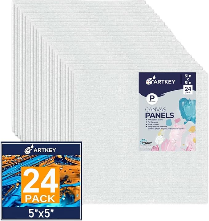 Canvas Panels 5x5 Inch 24-Pack, 10 oz Primed 100% Cotton White Blank Small by Artkey