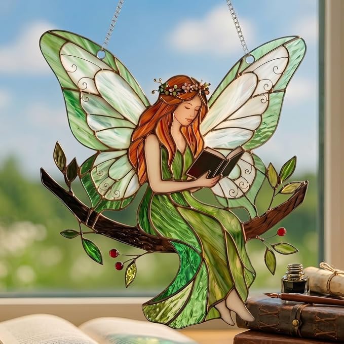 Stained Acrylic Fairy Reading a Book Suncatcher, Decorative Hanging Ornament - Image 5