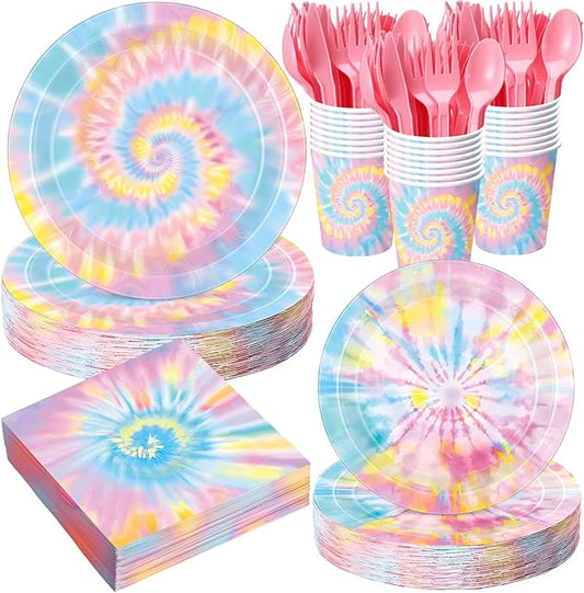 Pickmesh 400 Pcs Tie Dye Party Supplies Set Pastel Include Disposable Paper by Pickmesh