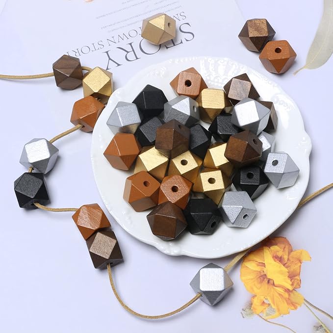 20mm Geometric Wooden Beads Variety Pack Painted Wood Beads Polygon Wooden - Image 2