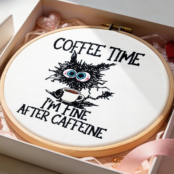 Cute Cat Embroidery Kits for Beginners Adults, Coffee Hand Embroidery Starter - Image 5