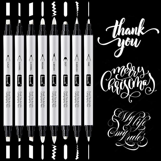 Brusarth Calligraphy Pens, 8 Size Dual Tip White Acrylic Calligraphy pen by Brusarth