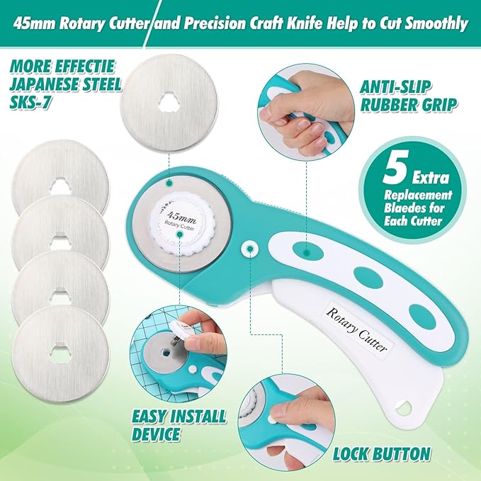 Rotary Cutting Mat and Tools Set, Audab 45mm Fabric Cropping Cutter Wheel - Image 5