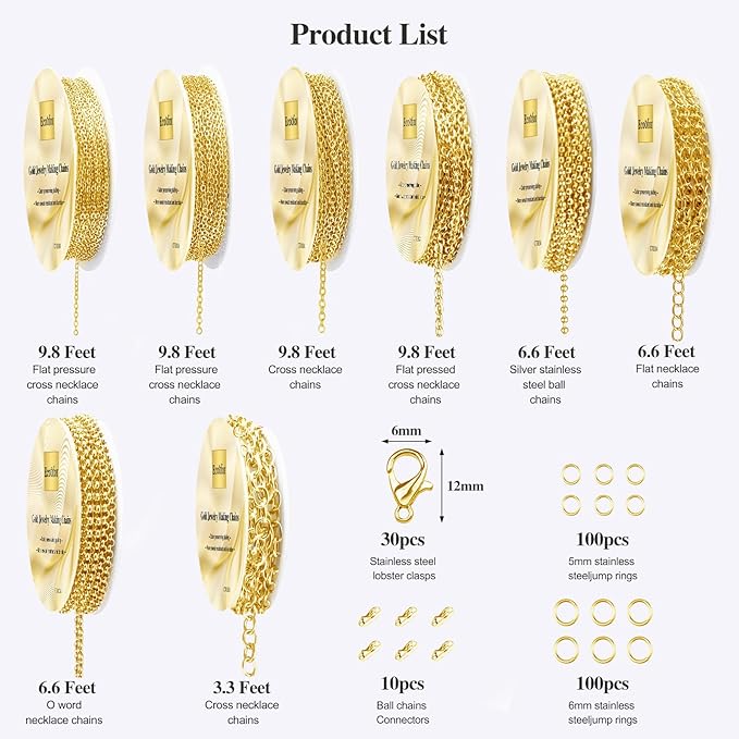 Ecoofor Gold Necklace Chains for Jewelry Making, 62.3 Feet 8 Rolls Jewelry - Image 3