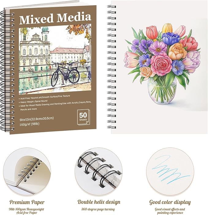 4 Pack Mixed Media Sketchbook, 9x12 inches Drawing Paper Sketch Book, - Image 3