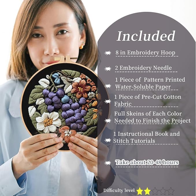 FONNUY Embroidery Kit for Beginners, Grapes Fruit Floral Pre-Stamped Pattern - Image 2