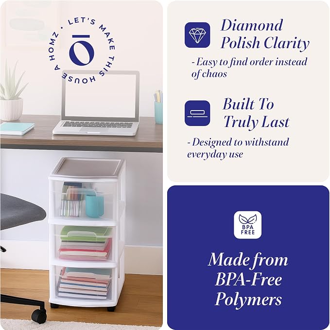 HOMZ 2-Pack Drawer Tower, 3-Tier Clear Plastic Storage Organizer Cart, and - Image 5