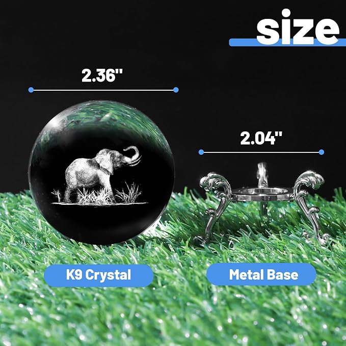 3D Elephant Crystal Ball with Stand Lase Engraved Glass Sphere Paperweight - Image 2