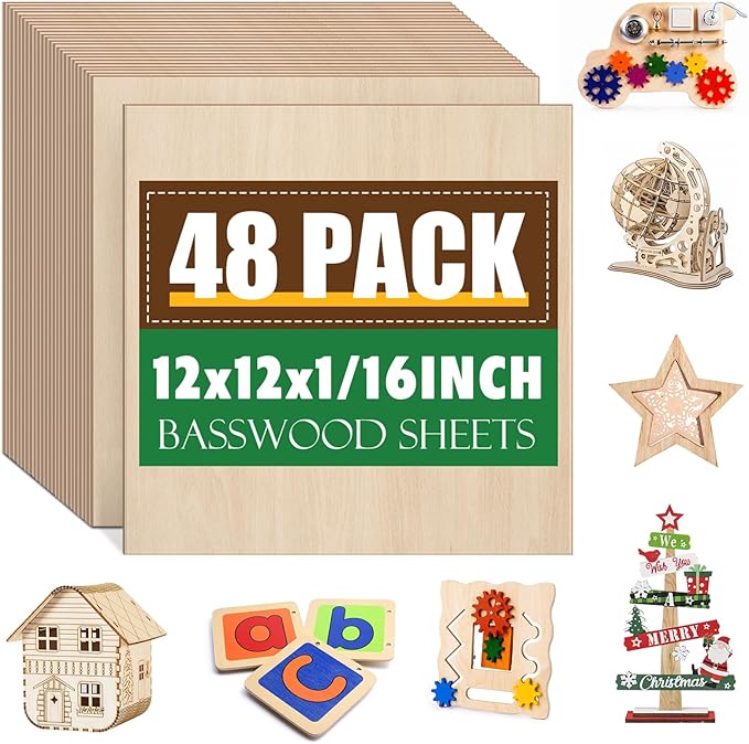 48 Pack Basswood Sheets 1/16x12X12Inch, Plywood Sheets by ESRICH