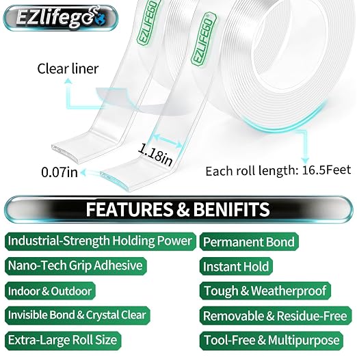 EZlifego Heavy Duty Invisible Bond Nano Double Sided Mounting Tape, Crystal - Image 2