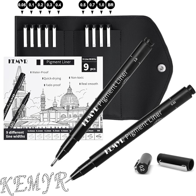 KEMYR 9 Micro Fine liner Drawing Art Pens Calligraphy Pens: 0.05mm-BR Size by Kemyr
