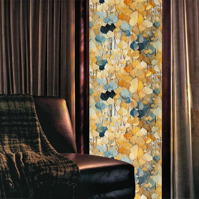 Boho Yellow Blue Ginko Leaf Stained Glass Window Films Decorative Double-Side - Image 2
