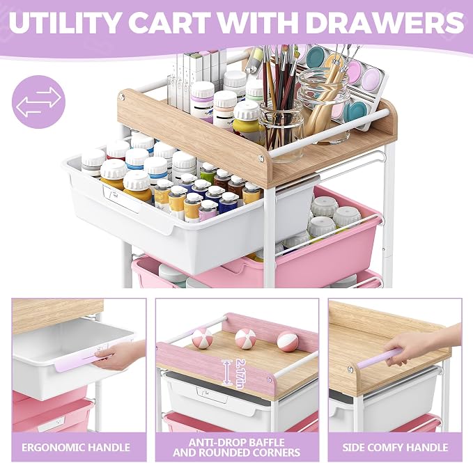 SYKIARIOL Utility Cart with 5 Labeling Drawers and Wooden Tabletop – Rolling - Image 5
