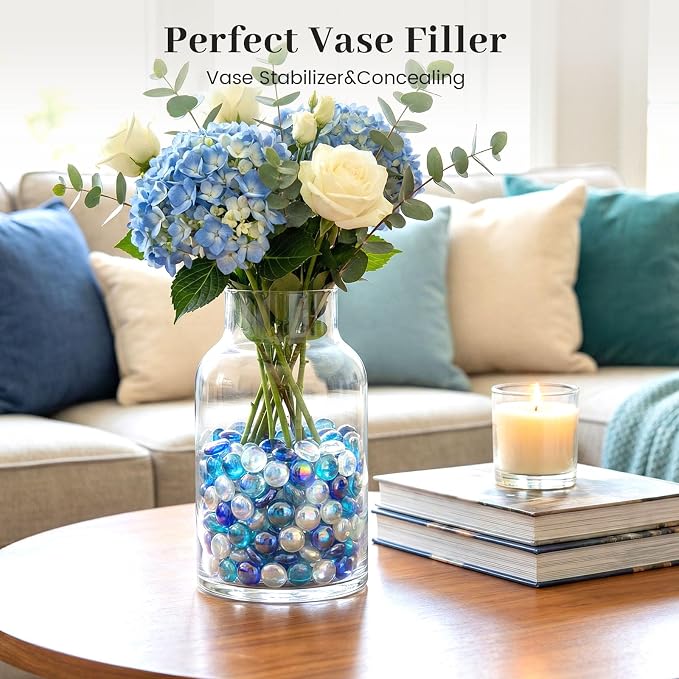 FUTUREPLUSX 1LB Iridescent Flat Glass Marbles, Vase Fillers Blue Mixed Glass - Image 3