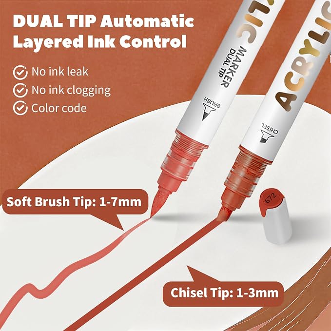 Reddish Brown Acrylic Paint Pens, Water Based 12 Colors Dual Tip Acrylic Paint - Image 3