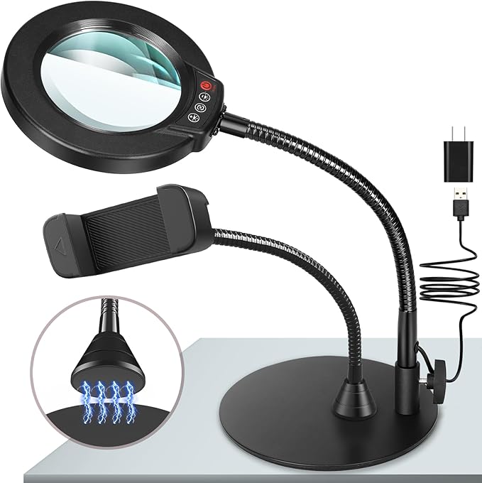 10X Magnifying Glass with Light and Phone Holder, 5 Color Modes Stepless by KRSTLV