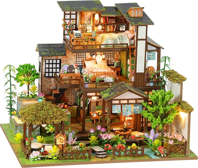 DIY Miniature House Kit with LED Lights, Bamboo Spring Courtyard Wooden Mini by LogicTwist