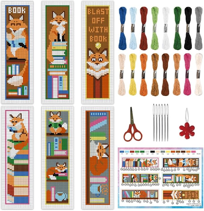 INFUNLY 6 Set Fox Reading Cross Stitch Bookmark Kit DIY Cross Stitch Kit by INFUNLY
