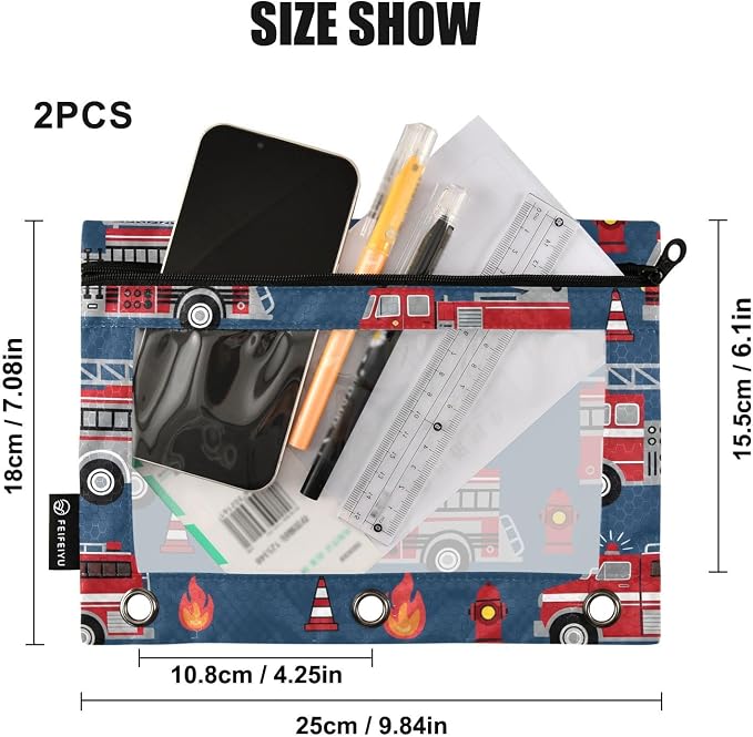 Fire Trucks Pencil Pouch for 3 Ring Binder, 2 Pack Waterproof Pencil Bags Clear - Image 3