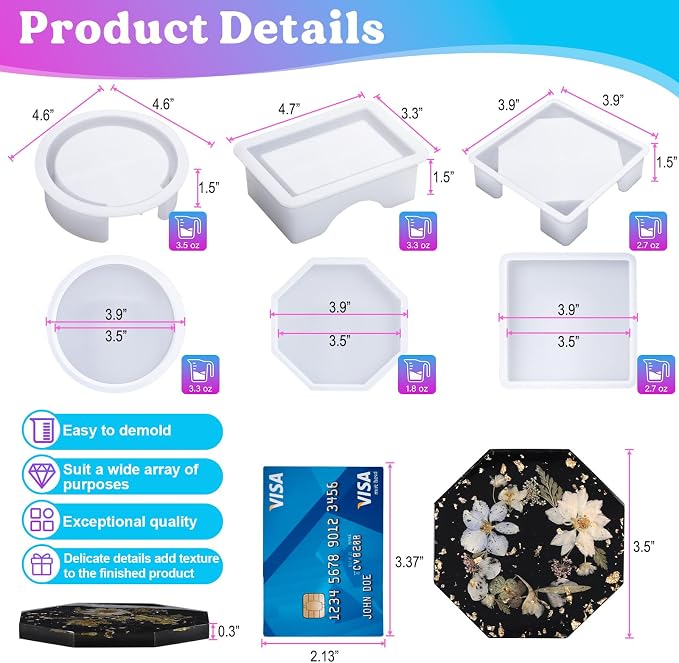 LET'S RESIN 18 Pcs Coaster Resin Molds Silicone, Coaster Molds - Image 2