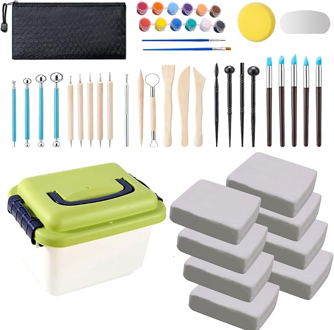 10 lb White Natural Air-Dry Clay + 30 pcs Pottery Tools + Storage Box, Hand by WABAFL