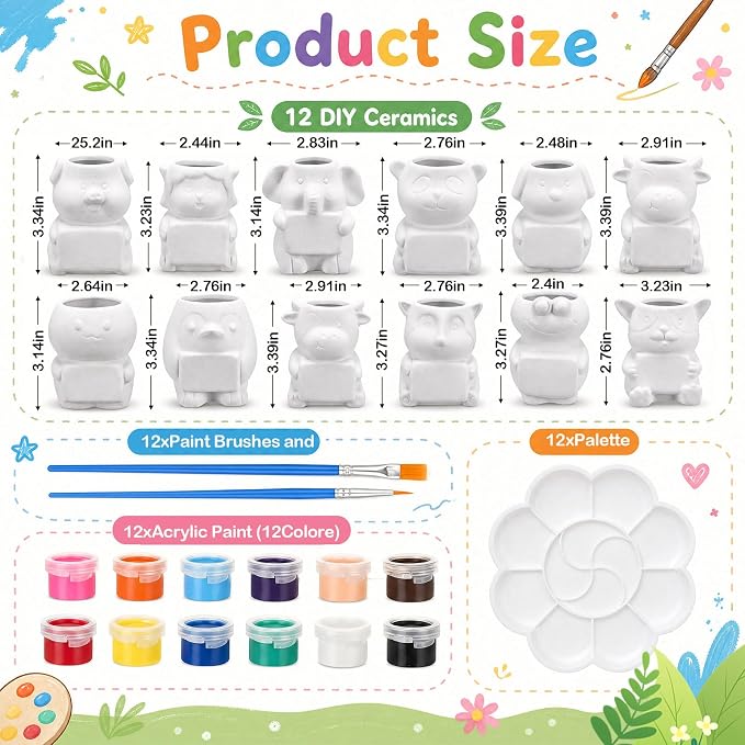 Hushee 12 Sets DIY Ceramic Succulent Pots Ready to Paint Animal Planters - Image 2