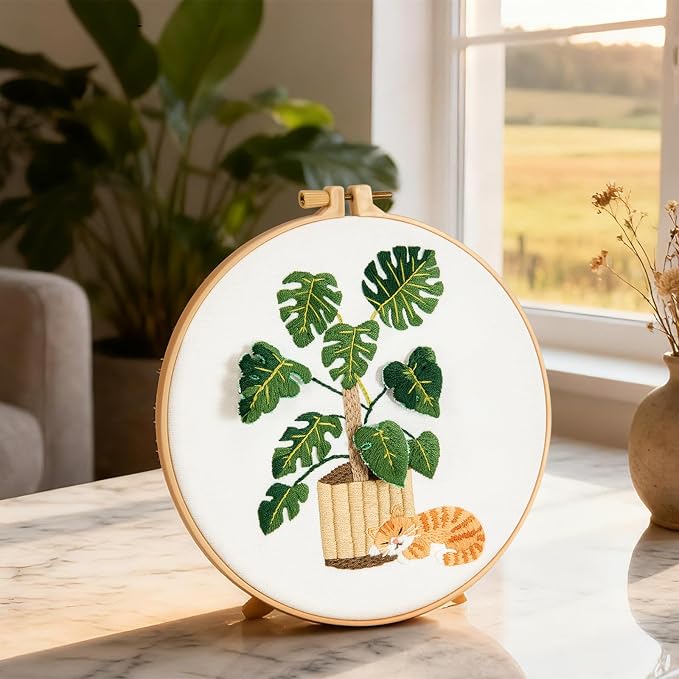 Monstera Embroidery Kits for Beginners Adults, Cat Hand Embroidery Kits - Image 6