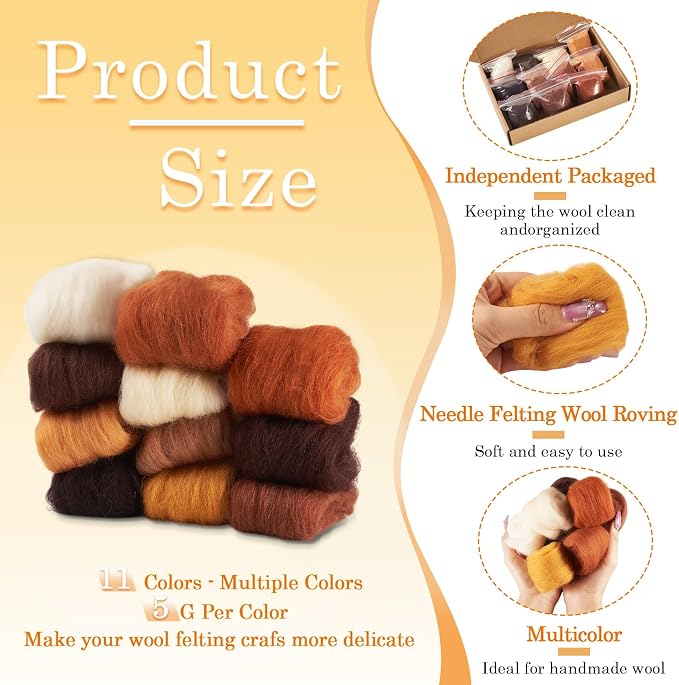 FASHEWELRY 1.94 OZ Fibre Wool Yarn Roving Brown Theme Nature Needle Felting - Image 5