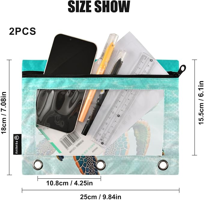 Sea Turtle Pencil Pouch for 3 Ring Binder, 2 Pack Waterproof Pencil Bags Clear - Image 3