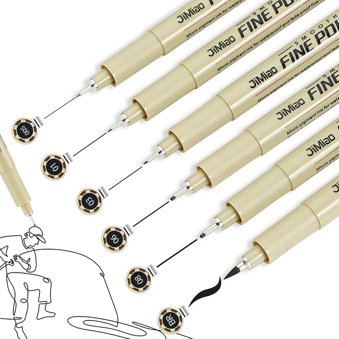 Qionew Micro Fineliner Pens, 6 Pack, Study Supplies, artist illustrations by Qionew