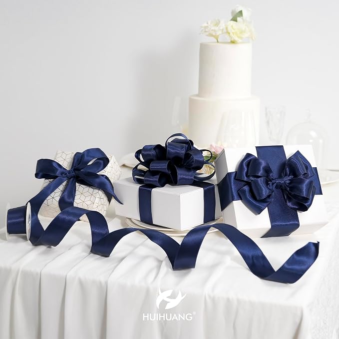 HUIHUANG Navy Blue Satin Wired Ribbon 1-1/2 inch Navy Double-Faced Satin Wire - Image 5