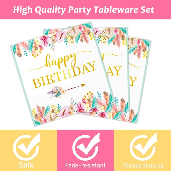 Tevxj 96 Pieces Happy Birthday Party Plates Napkins Boho Decorations Gold - Image 3