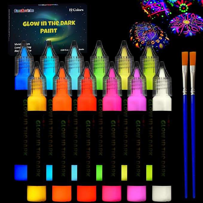 FansArriche Glow in the Dark Paint, 12 Colors x 20 ml Fabric Paint | 3D Neon by FansArriche